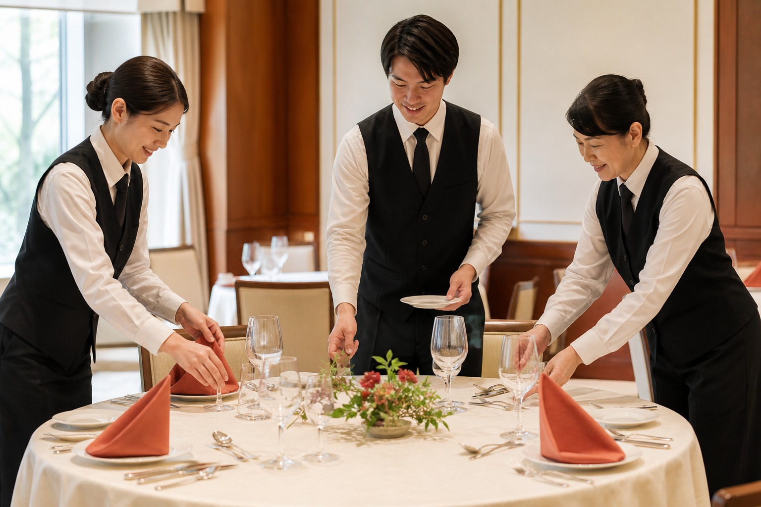 宴会場の準備を進めるスタッフ